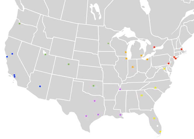 Map of NBA franchise locations and conference groupings.